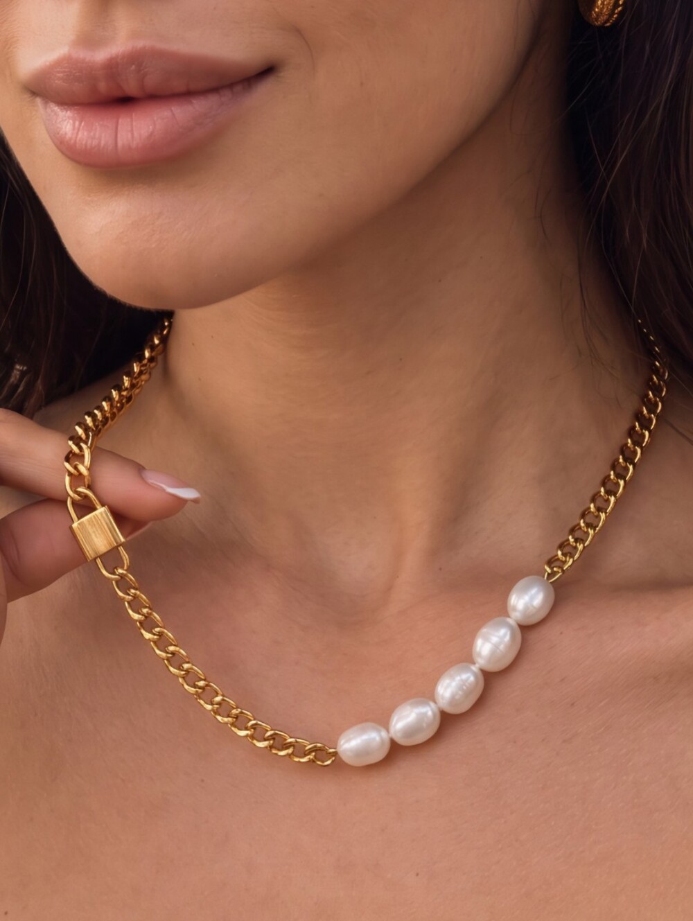 Chunky Gold Chain Necklace Freshwater Pearl Padlock Charm Mob Wife 15.5"+2"